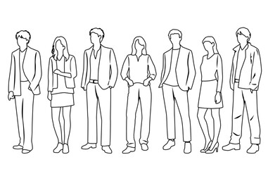 Vector silhouettes of men and women, group of standing  business people, profile, hand draw, linear sketch, black and white color, isolated on white background