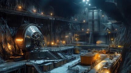 Underground Mining Operation: Industrial Ball Mills, Classification Equipment, and Storage Silos Bathed in LED Flood Lighting. High-Resolution Industrial Scene.