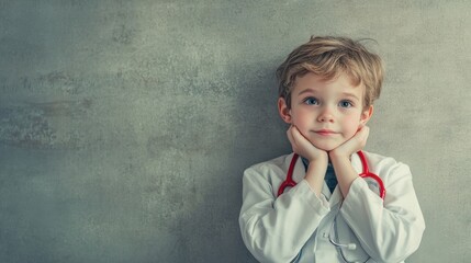 Little boy dressed as a doctor with a stethoscope, resting his head on hands against a textured wall