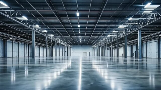 The image showcases a large, empty industrial warehouse with sleek, reflective flooring. Bright, overhead lights illuminate the vast space, creating a modern and minimalistic atmosphere.