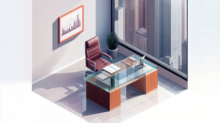 modern office interior featuring glass top desk, ergonomic chair, and city skyline view. workspace is designed for productivity and comfort, with touch of elegance