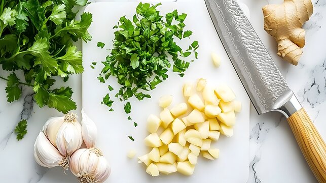 Chopped parsley, diced potatoes, garlic cloves, and ginger root on a white cutting board with a knife. Fresh ingredients for cooking.