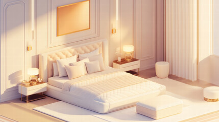 Luxurious modern bedroom with plush bed, elegant decor, and soft lighting. serene atmosphere is enhanced by neutral tones and stylish furnishings, creating cozy retreat