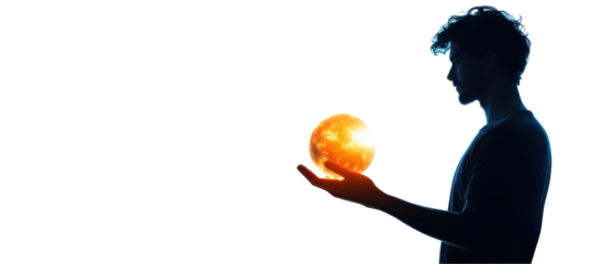 Contemplative individual holding glowing sphere. transparent background