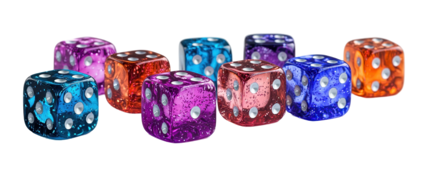 Colorful dice scattered on a dark background transparent background