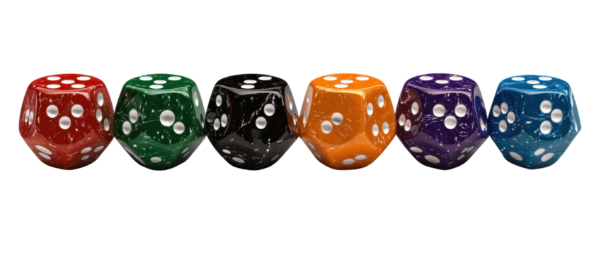 Colorful dice arranged in a row with details. transparent background - Powered by Adobe