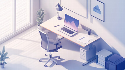 modern home office setup featuring sleek desk, ergonomic chair, and laptop with scenic wallpaper. bright space is enhanced by plants and natural light, creating productive atmosphere