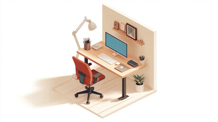 Naklejka premium modern workspace featuring wooden desk, ergonomic chair, and computer setup. clean design includes lamp, stationery, and plant, creating productive atmosphere