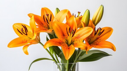 Obraz premium Vibrant orange lilies in a clear glass vase against a white background. The lilies are in full bloom, showcasing their rich color and intricate details. A beautiful and elegant floral arrangement.