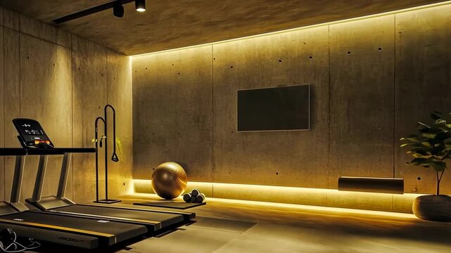 A contemporary gym area features sleek treadmills, an exercise ball, and warm ambient lighting. The minimalist design enhances focus, providing an inviting vibe for workouts.