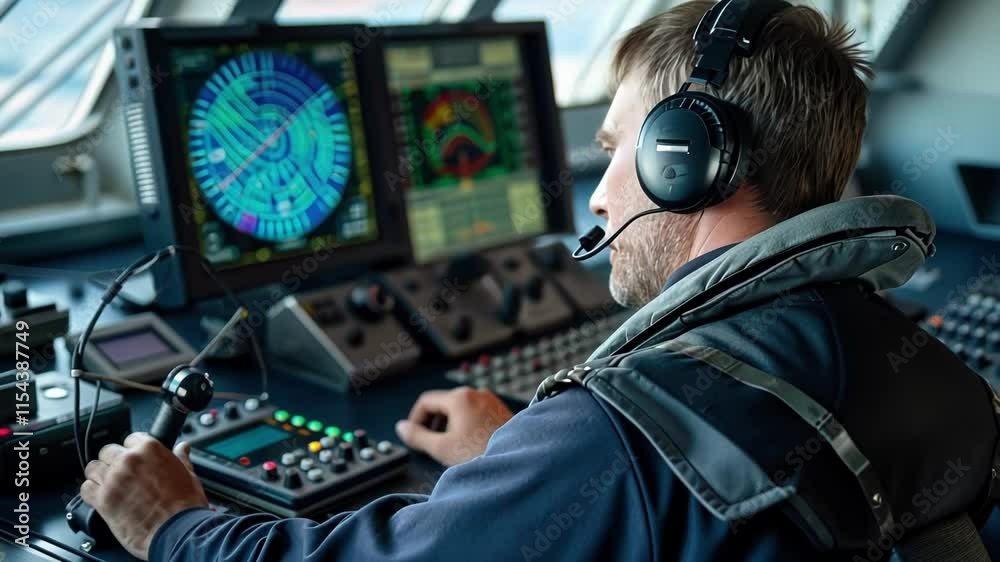 Poster navigation officer wearing a headset and using a control panel with a radar display on the bridge of