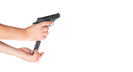 Male hand holding and reloading black pistol gun isolated