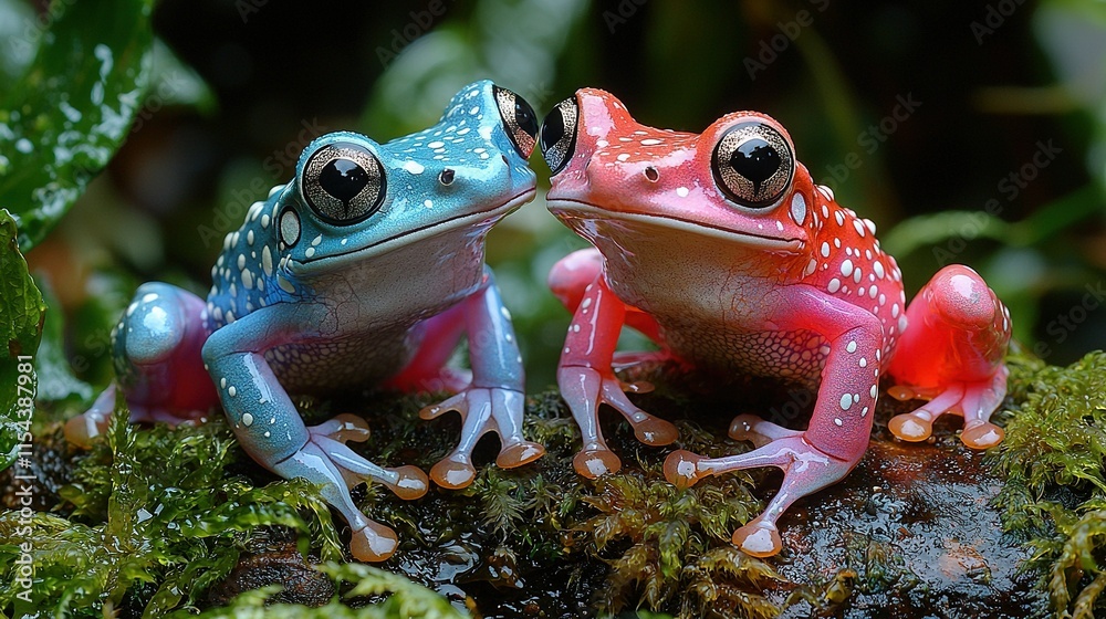 Poster   Colorful frogs perched on tree branches against green background