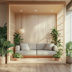 modern, minimalist living room featuring light wood sofa surrounded by lush green plants. serene atmosphere is enhanced by natural light and elegant decor