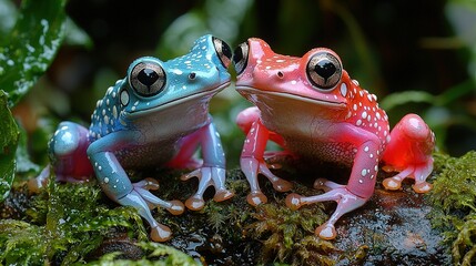 Naklejka premium Colorful frogs perched on tree branches against green background