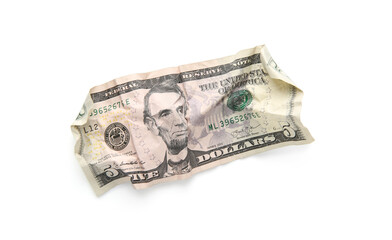 One crumpled dollar banknote isolated on white, top view