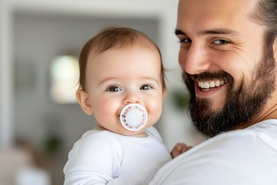 A joyful moment captured between a father and his baby, showcasing a warm smile while the baby enjoys a pacifier in a comfortable home environment filled with love.