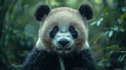 Fototapeta premium Close-up of a panda chewing bamboo, surrounded by trees