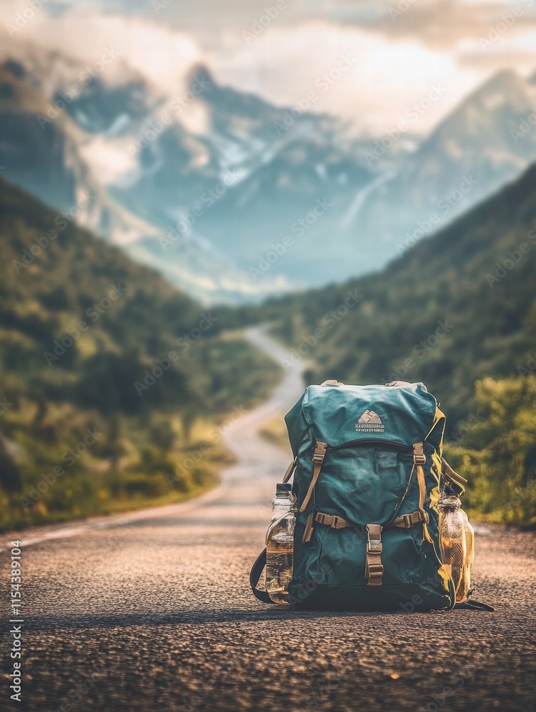 Poster travelers backpack resting on an empty road surrounded by majestic mountains during golden hour. gen
