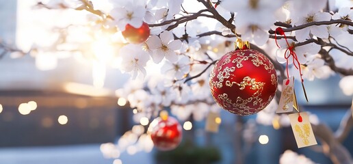 Obraz premium A festive scene with red ornaments hanging from a blossoming tree.