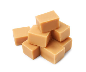 Tasty sweet caramel candies isolated on white