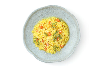 Delicious pumpkin risotto isolated on white, top view