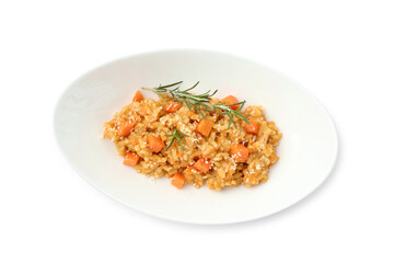 Delicious pumpkin risotto in bowl isolated on white, top view