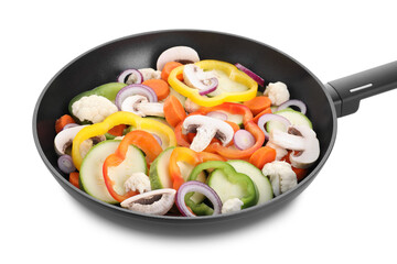 Frying pan with mix of vegetables and mushrooms isolated on white