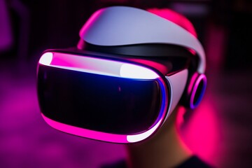 A close-up of a modern VR headset with vibrant lighting effects.