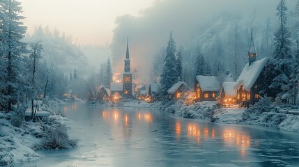 Obraz premium A picturesque winter village by a river, illuminated by a distant church, with snow-covered ground and tree-lined foreground