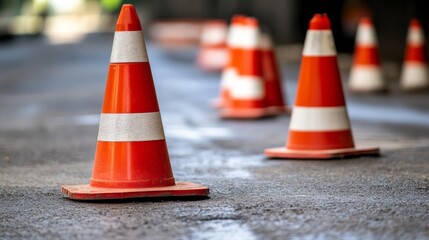 Construction Traffic Cones on a Roadway Background