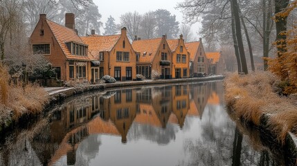 Frosty canal-side houses reflect in calm water.