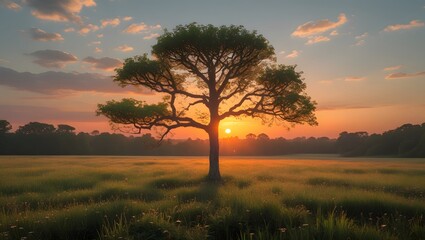 Fototapeta premium Meadow's Calm: A Honeycomb Tree at Sunset's Edge 