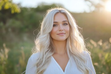 Naklejka premium A stunning young woman stands confidently outdoors, surrounded by a vibrant natural setting, with sun gently illuminating her flowing hair and serene expression.