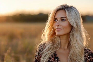 Fototapeta premium A contemplative young woman gazes thoughtfully into the distance, with sunlight illuminating her features, evoking feelings of peace and reflection in a tranquil outdoor setting.