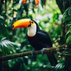 Fototapeta premium vibrant toucan perched on branch in lush tropical rainforest, showcasing its striking orange beak and colorful plumage amidst green foliage