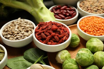 Superfood. Different healthy food products on table, closeup
