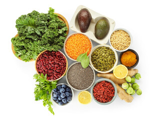 Superfood. Different healthy food products isolated on white, top view