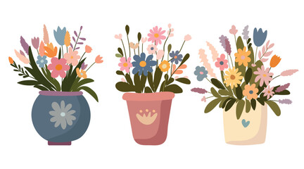 Hello spring, potted flowers, flower sets, for stickers, cards or posters