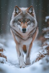 Fototapeta premium Majestic wolf walking through snowy woods
