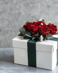 Valentine's Day Romantic Gift Box with Red Roses Green Ribbon Present
