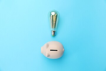 Piggy bank and lightbulb on light blue background, flat lay. Energy saving concept