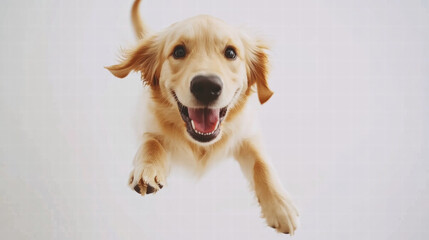 Happy golden retriever puppy jumping in air with excitement and joy. This playful dog showcases its energy and enthusiasm, making it delightful sight