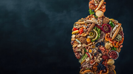 creative representation of human figure made entirely of various foods, showcasing vibrant array of colors and textures. This artistic display emphasizes relationship between food and health