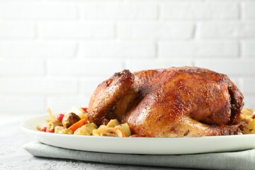 Delicious baked turkey and vegetables on gray textured table against white brick wall, space for text