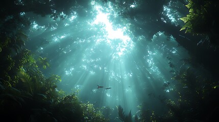 Obraz premium Sunbeams pierce through lush, green forest canopy, illuminating plants and creating a magical atmosphere.