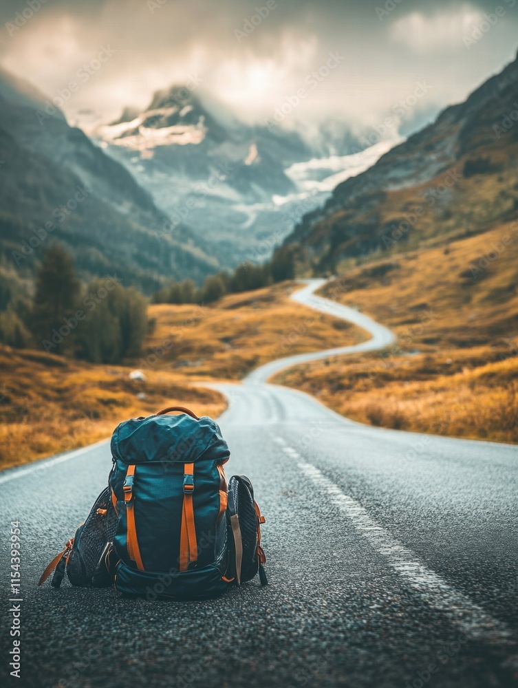 Poster travelers backpack resting on an winding road with scenic mountains and valleys in the background du