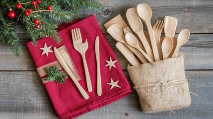 Eco-friendly wooden cutlery set for Christmas dinner.