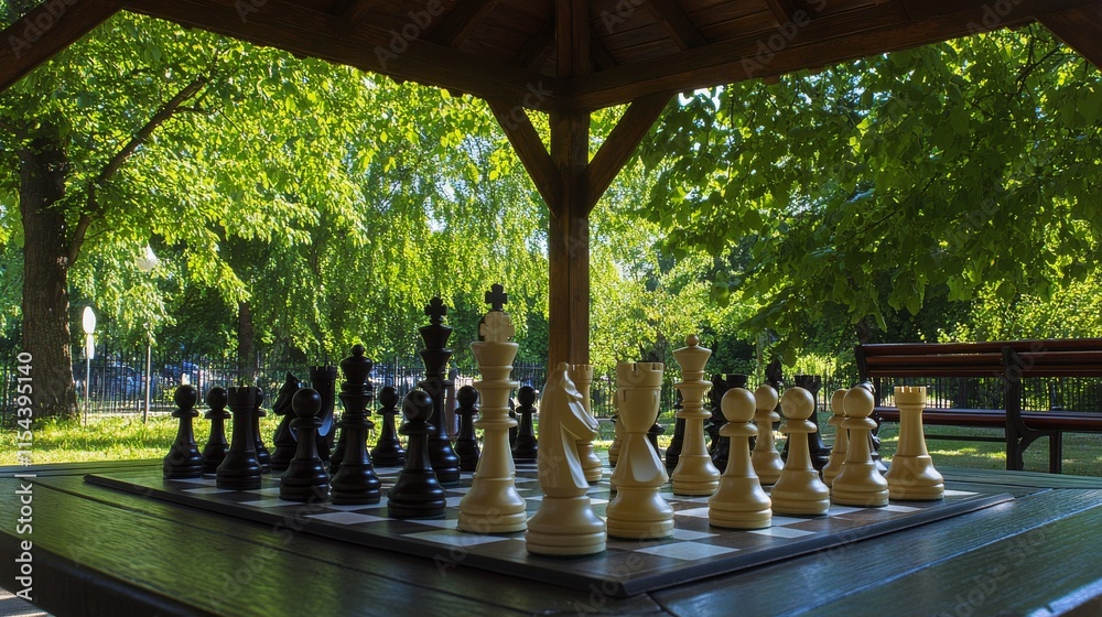 Poster Precisely arranged chess set in a quiet park gazebo, chess pieces and board set up on a table, Classical game style