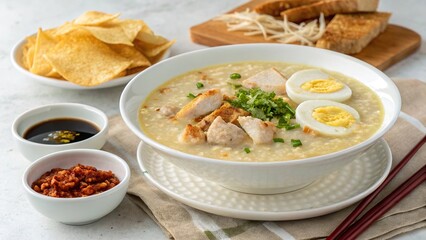 Savoring delicious arroz caldo with crispy chips, boiled eggs, and savory side dishes